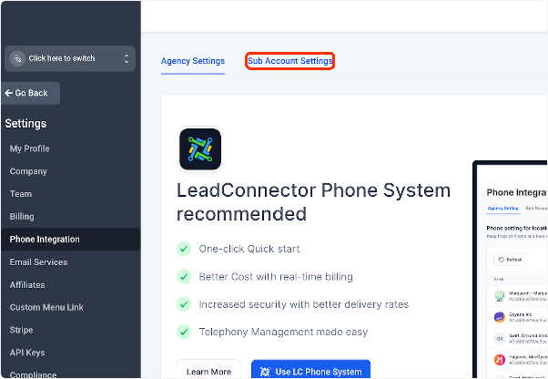 Click on Sub Account Settings